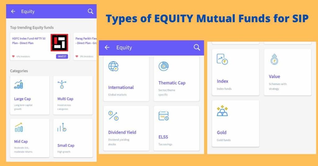 Types of EQUITY Mutual Funds for SIP HOW TO START INVESTING IN SIP